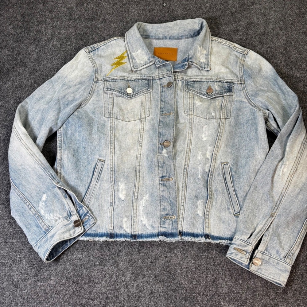 Sanctuary Distressed Denim Jacket Moon Cloud Sequin Lightning Bolt Embroidered L